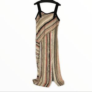 Nic & Zoe Beige Red Black Striped Leg Slit Maxi Dress Size Large